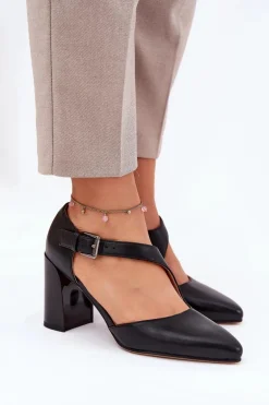 Skórzane Czółenka Na Słupku Z Klamrą Vinceza 91133 Czarne