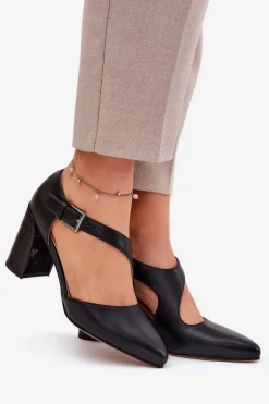 Skórzane Czółenka Na Słupku Z Klamrą Vinceza 91133 Czarne