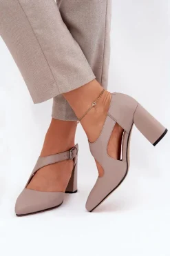 Skórzane Czółenka Na Słupku Z Klamrą Vinceza 91133 Szare