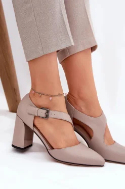 Skórzane Czółenka Na Słupku Z Klamrą Vinceza 91133 Szare