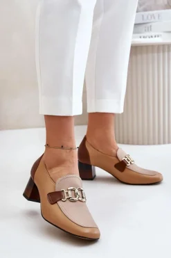 Skórzane Czółenka Na Słupku Ze Złotą Ozdobą Laura Messi 2861 Brązowe