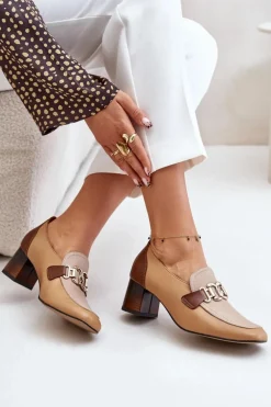 Skórzane Czółenka Na Słupku Ze Złotą Ozdobą Laura Messi 2861 Brązowe