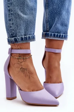 Skórzane Czółenka Na Wysokim Słupku Fioletowe Salira
