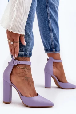 Skórzane Czółenka Na Wysokim Słupku Fioletowe Salira