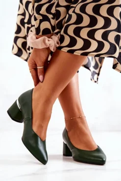 Skórzane Czółenka Nosek W Szpic Zielone Marilyn