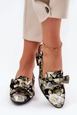 Skórzane Czółenka W Kwiaty Z Kokardą N6539-44 Czarne