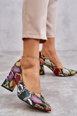 Skórzane Czółenka W Wężowy Wzór Lewski Shoes 3277 Wielobarwne