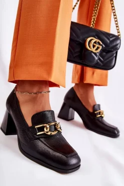 Skórzane Czółenka Z Łańcuchem Laura Messi 2515 Czarne