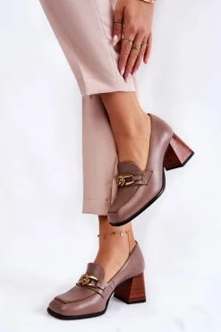 Skórzane Czółenka Z Łańcuchem Laura Messi 2514 Beżowe