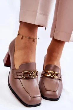 Skórzane Czółenka Z Łańcuchem Laura Messi 2514 Beżowe