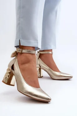 Skórzane Czółenka Z Kokardką Maciejka 05059-25 Złote