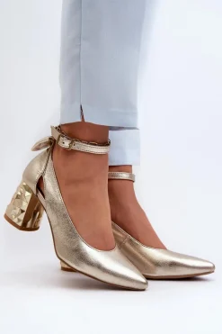 Skórzane Czółenka Z Kokardką Maciejka 05059-25 Złote