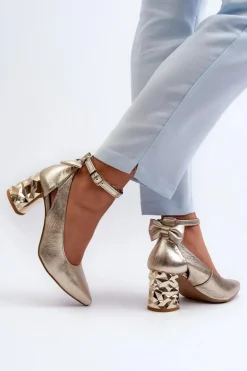 Skórzane Czółenka Z Kokardką Maciejka 05059-25 Złote