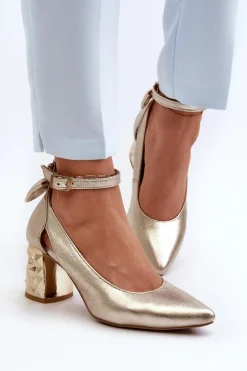 Skórzane Czółenka Z Kokardką Maciejka 05059-25 Złote