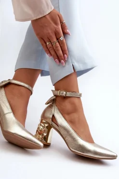 Skórzane Czółenka Z Kokardką Maciejka 05059-25 Złote