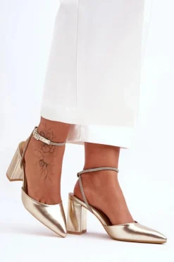 Skórzane Czółenka Z Ozdobnym Paseczkiem Złote Lirosa