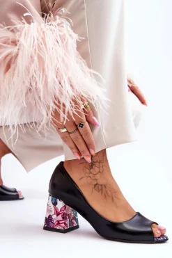 Skórzane Czółenka Z Ozdobnym Obcasem Lewski Shoes 2608/K Czarne