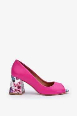 Skórzane Czółenka Z Ozdobnym Obcasem Lewski Shoes 2608/K Fuksja