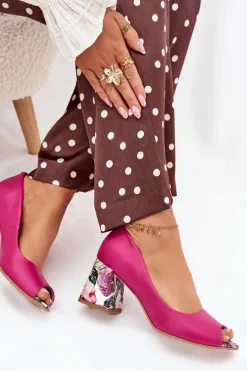 Skórzane Czółenka Z Ozdobnym Obcasem Lewski Shoes 2608/K Fuksja