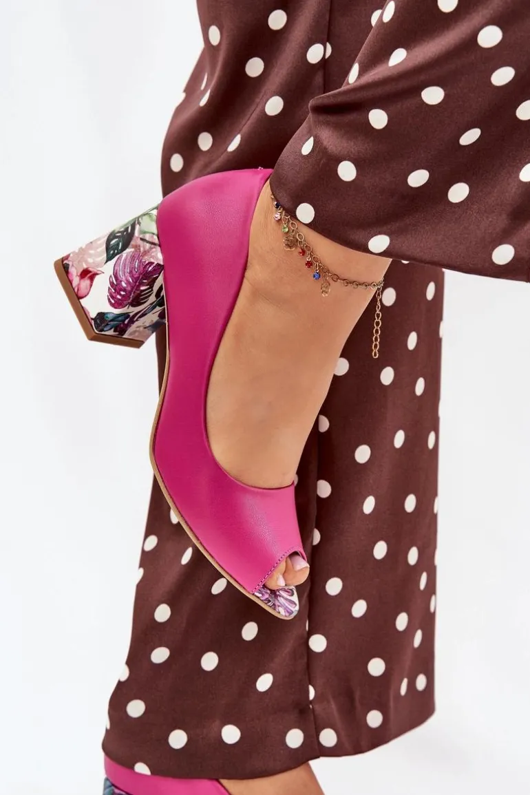 Skórzane Czółenka Z Ozdobnym Obcasem Lewski Shoes 2608/K Fuksja