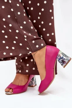 Skórzane Czółenka Z Ozdobnym Obcasem Lewski Shoes 2608/K Fuksja
