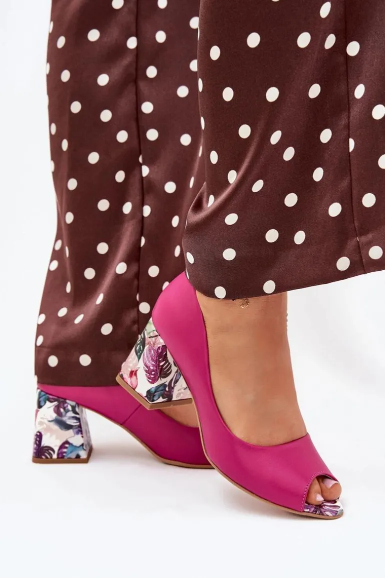 Skórzane Czółenka Z Ozdobnym Obcasem Lewski Shoes 2608/K Fuksja