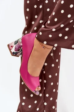 Skórzane Czółenka Z Ozdobnym Obcasem Lewski Shoes 2608/K Fuksja