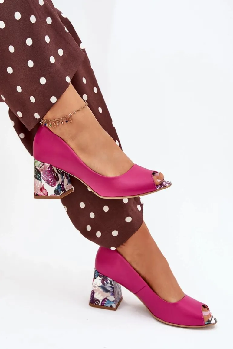 Skórzane Czółenka Z Ozdobnym Obcasem Lewski Shoes 2608/K Fuksja