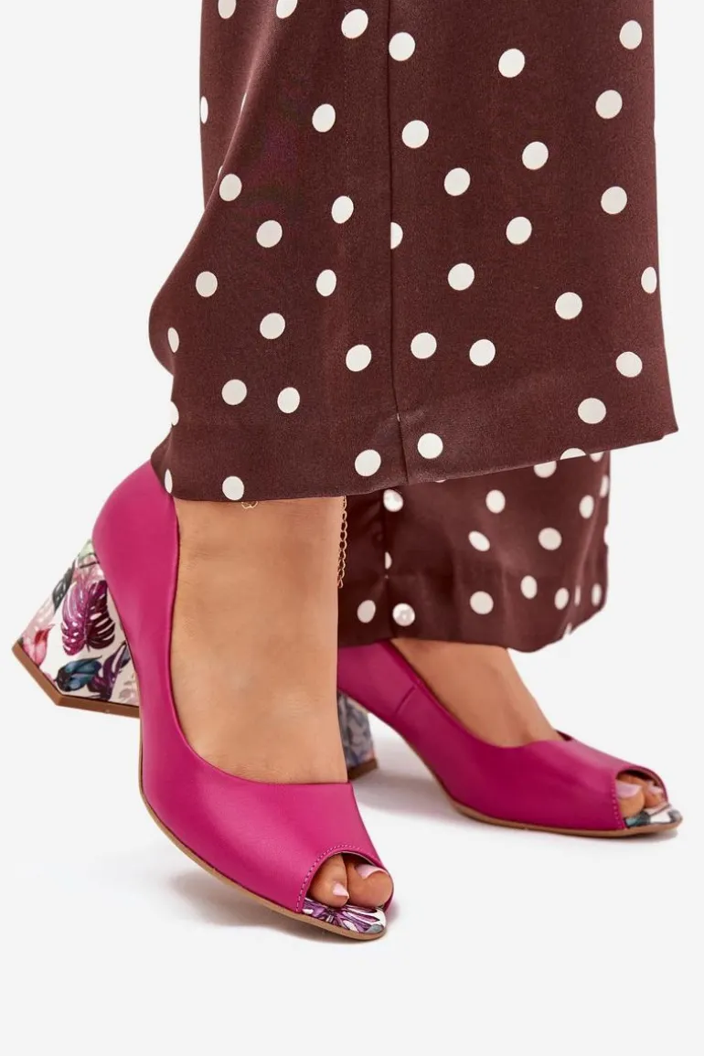 Skórzane Czółenka Z Ozdobnym Obcasem Lewski Shoes 2608/K Fuksja