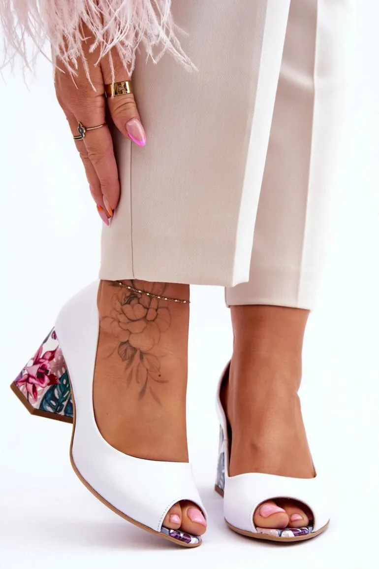 Skórzane Czółenka Z Ozdobnym Obcasem Lewski Shoes 2608/K Biały Groch