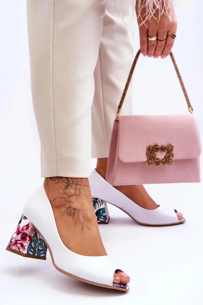 Skórzane Czółenka Z Ozdobnym Obcasem Lewski Shoes 2608/K Biały Groch