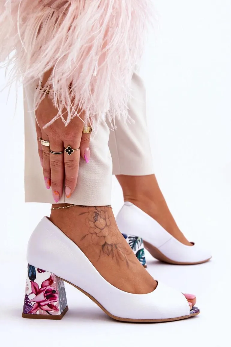 Skórzane Czółenka Z Ozdobnym Obcasem Lewski Shoes 2608/K Biały Groch