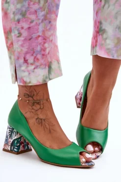 Skórzane Czółenka Z Ozdobnym Obcasem Lewski Shoes 2608/K Zielone