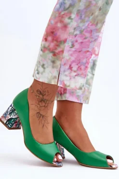 Skórzane Czółenka Z Ozdobnym Obcasem Lewski Shoes 2608/K Zielone