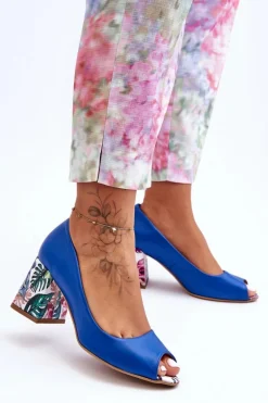Skórzane Czółenka Z Ozdobnym Obcasem Lewski Shoes 2608/K Niebieskie
