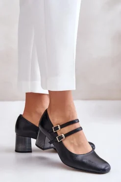 Skórzane Czółenka Z Paskami Na Słupku Laura Messi 2857 Czarne