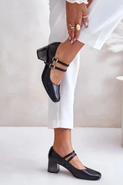 Skórzane Czółenka Z Paskami Na Słupku Laura Messi 2857 Czarne