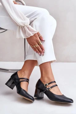 Skórzane Czółenka Z Paskami Na Słupku Laura Messi 2857 Czarne