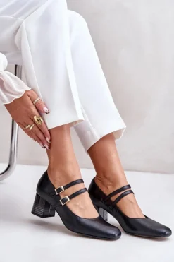 Skórzane Czółenka Z Paskami Na Słupku Laura Messi 2857 Czarne