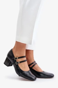 Skórzane Czółenka Z Paskami Na Słupku Laura Messi 2857 Czarne