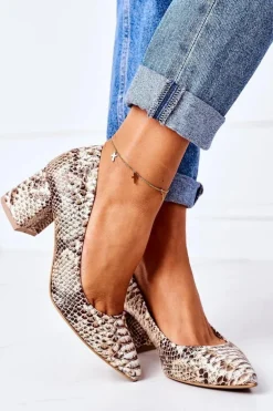 Skórzane Czółenka Z Wężowym Wzorem Lewski Shoes 2801 Złote