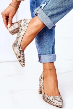 Skórzane Czółenka Z Wężowym Wzorem Lewski Shoes 2801 Złote