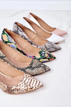 Skórzane Czółenka Z Wężowym Wzorem Lewski Shoes 2801 Złote