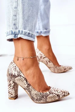 Skórzane Czółenka Z Wężowym Wzorem Lewski Shoes 2453 Złote