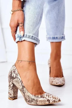 Skórzane Czółenka Z Wężowym Wzorem Lewski Shoes 2453 Złote