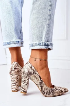 Skórzane Czółenka Z Wężowym Wzorem Lewski Shoes 2453 Złote