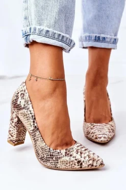 Skórzane Czółenka Z Wężowym Wzorem Lewski Shoes 2453 Złote