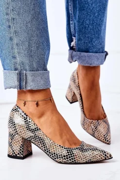 Skórzane Czółenka Ze Zwierzęcym Wzorem Lewski Shoes 2801 Czarno-Beżowe