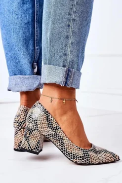 Skórzane Czółenka Ze Zwierzęcym Wzorem Lewski Shoes 2801 Czarno-Beżowe