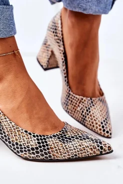 Skórzane Czółenka Ze Zwierzęcym Wzorem Lewski Shoes 2801 Czarno-Beżowe